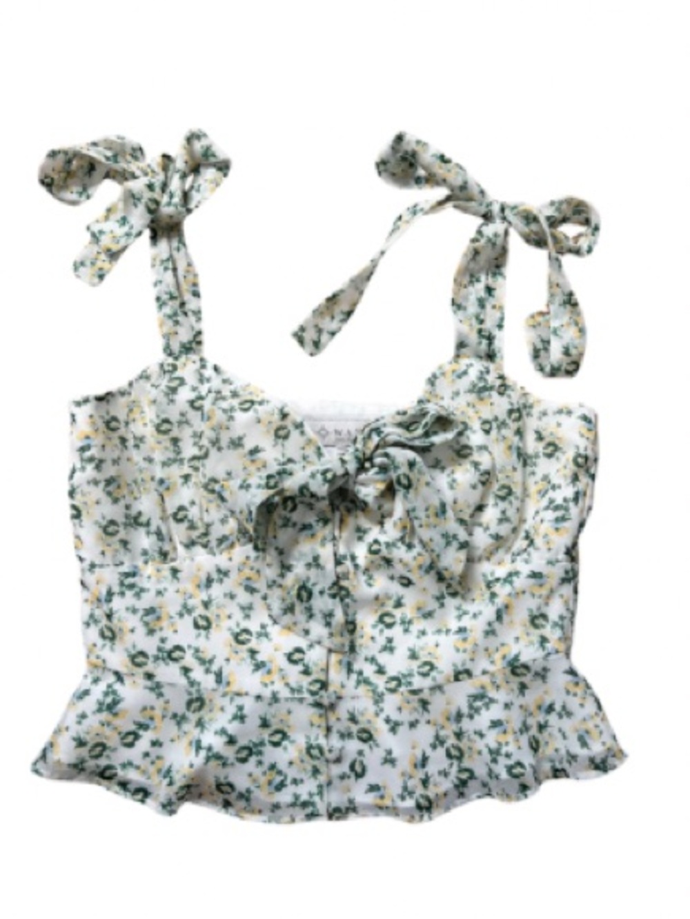 Wayf White Floral Tie-Front Crop Top with Green and Yellow Print